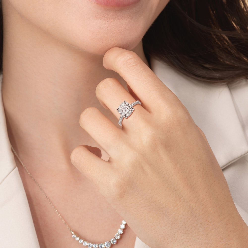 Model Wearing Elegance Hidden Halo and Pave Diamond Engagement Ring view