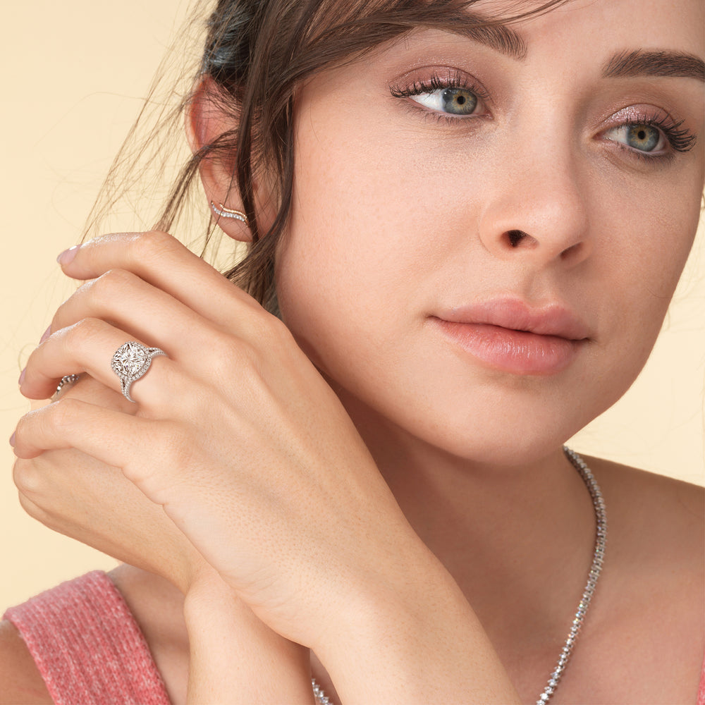 Model Wearing Elegance Split Shank Halo Engagement Ring view