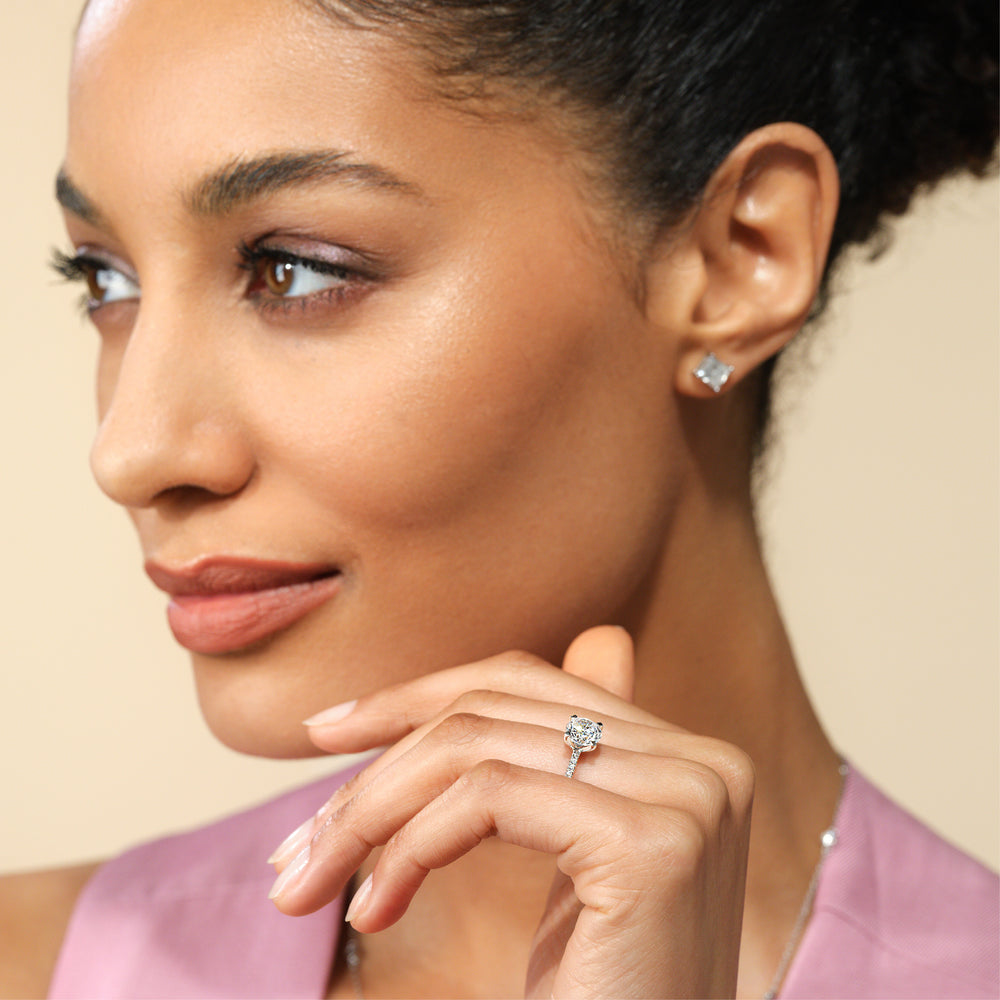 Model Wearing Ara Fine Classic Pave Diamond Engagement Ring with Lab Grown Diamond view