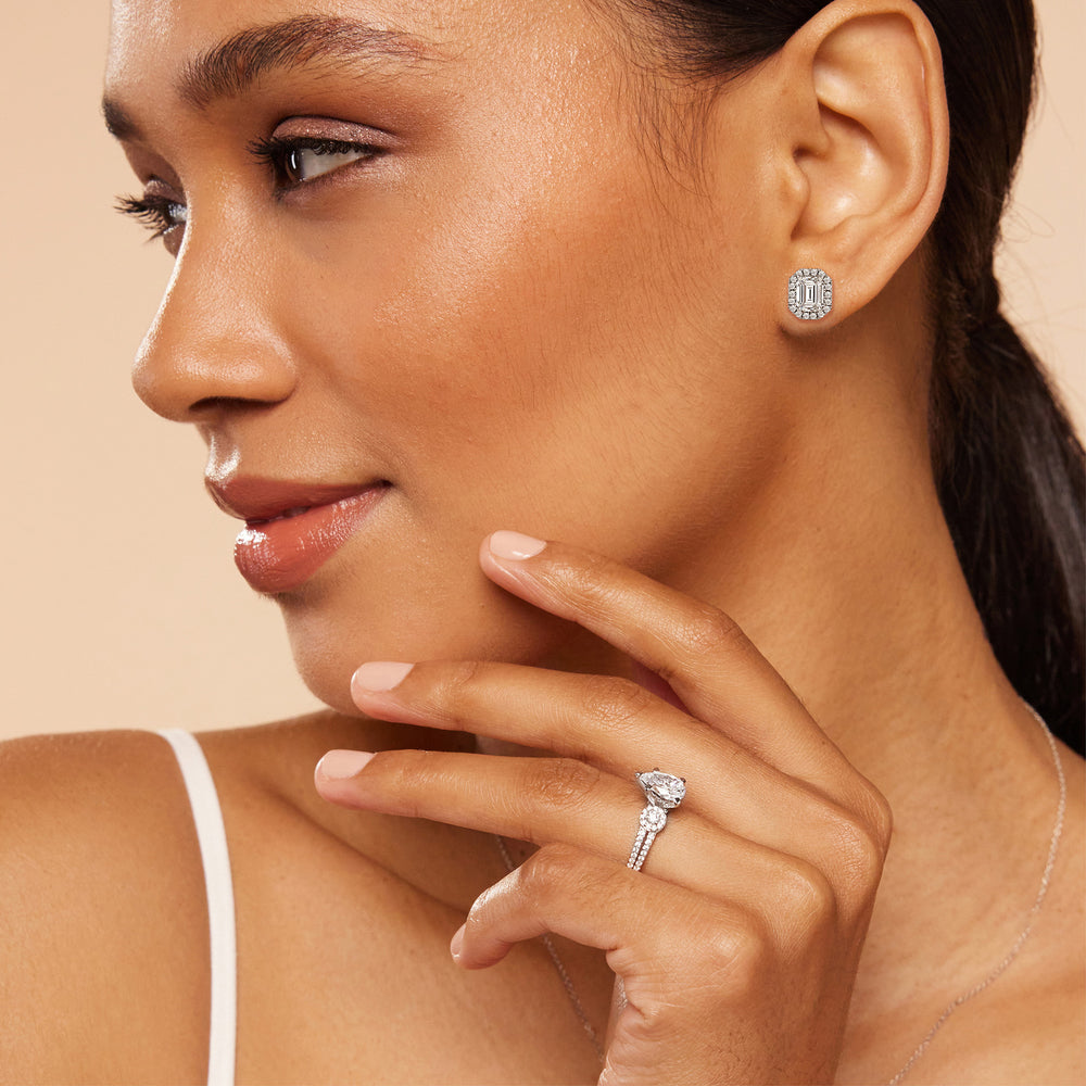 Emerald Diamond Halo Earrings with 14KT White Gold / Lab / 2 1/3 Cut Diamond in 14KT White Gold / Lab / 2 1/3 view 3

