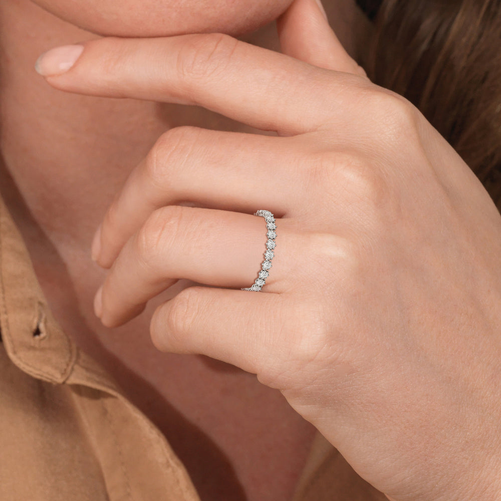 Model Wearing Vera Wide Diamond Wedding Band view