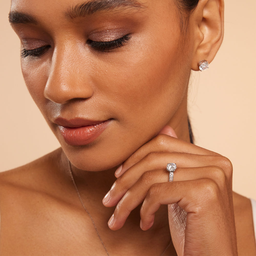 Model Wearing Channel Set Princess Engagement Ring with Lab Grown Diamond view