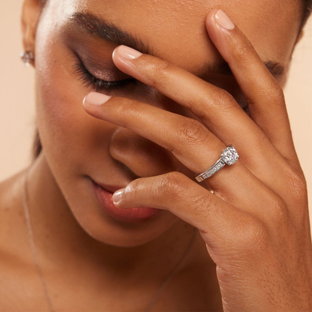 Model Wearing Channel Set Princess Engagement Ring with Lab Grown Diamond view