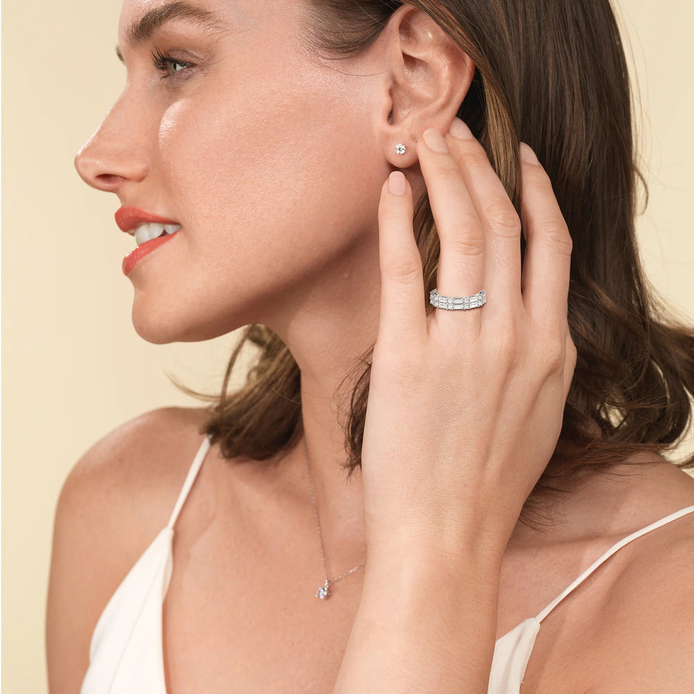 Model Wearing Alternating Two Row Baguette and Round Anniversary Band (E+ VS+) view