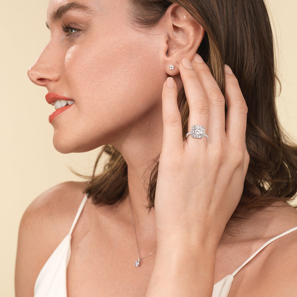 Model Wearing Elegance Baguette Halo Pave Engagement Ring view