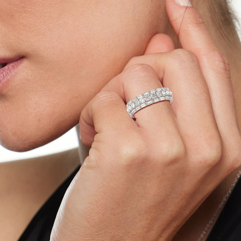 Model Wearing Baguette Edge Round Stones Eternity Ring view