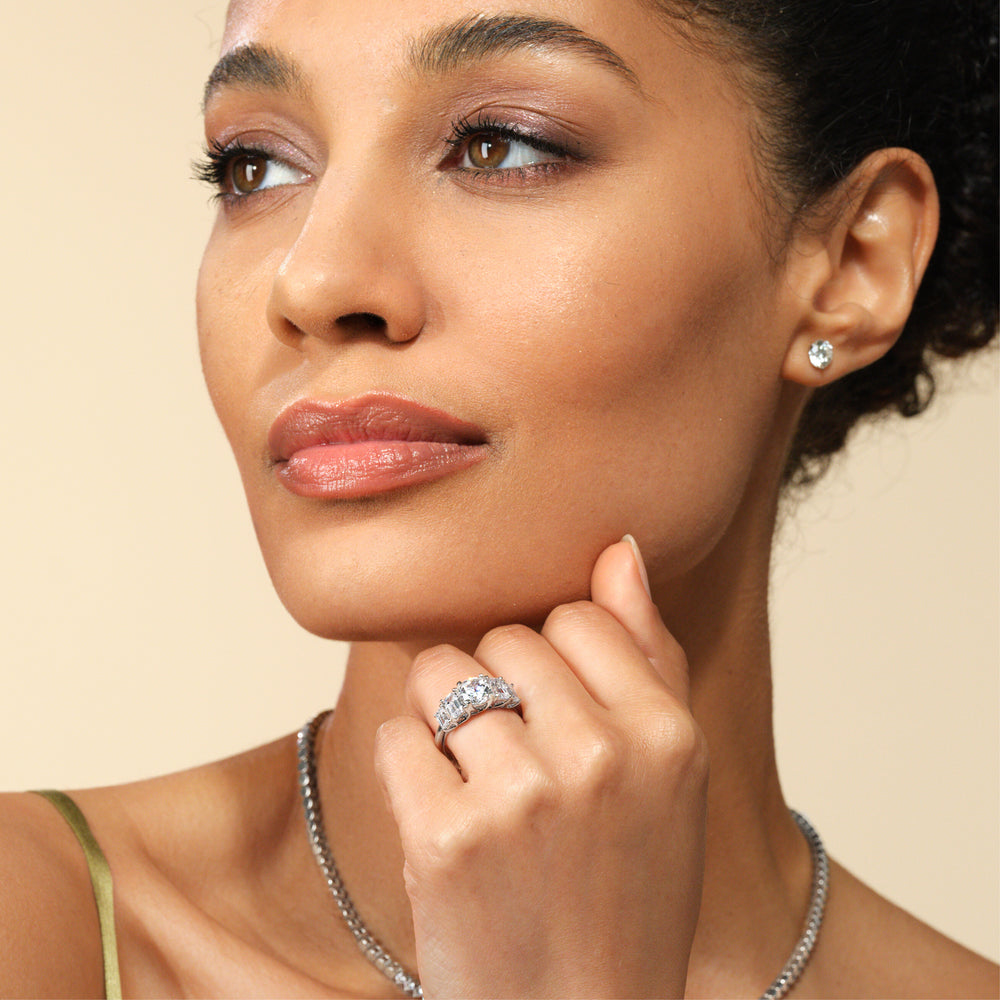 Model Wearing Trellis Side Stone Engagement Ring with Lab Grown Diamond view