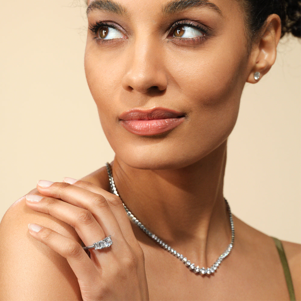 Model Wearing Trellis Side Stone Engagement Ring with Lab Grown Diamond view