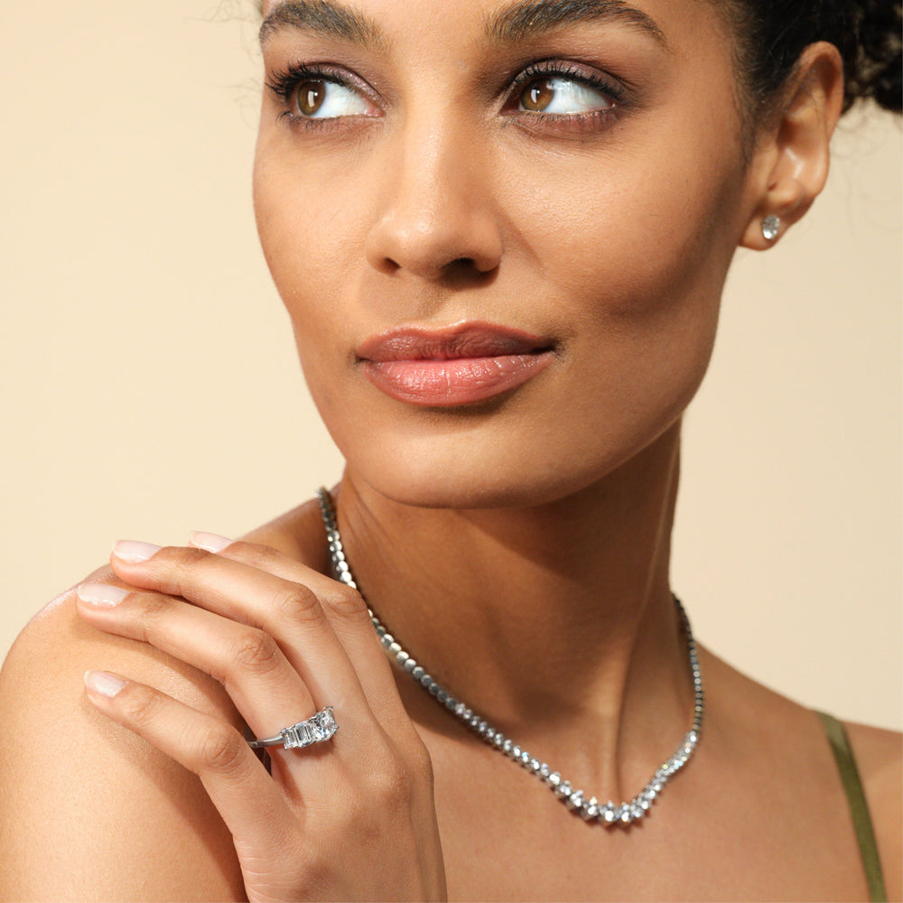 Model Wearing Trellis Side Stone Engagement Ring (E+ VVS+) with Lab Grown Diamond view