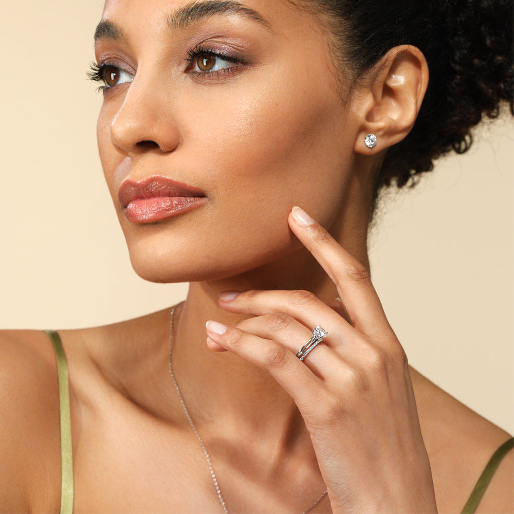 Model Wearing Delicate Pinched Cathedral Solitaire Engagement Ring with Lab Grown Diamond view