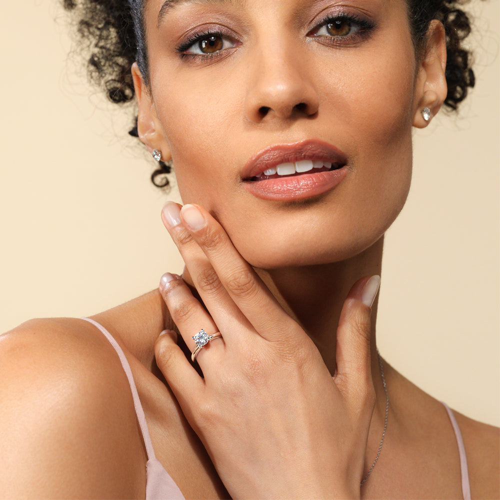Model Wearing Medi Classic Four Prong Solitaire Diamond Engagement Ring view
