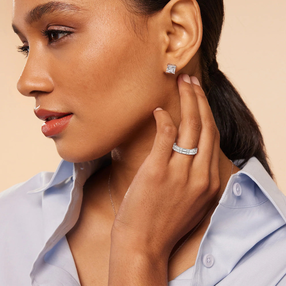 Model Wearing Alternating Two Row Baguette and Round Anniversary Band (E+ VS+) view