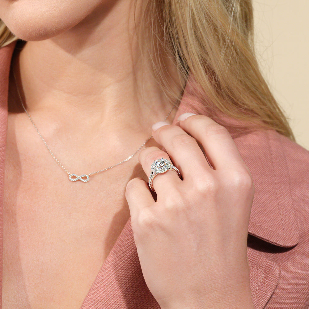 Model Wearing Double Halo Split Shank Cathedral Engagement Ring view
