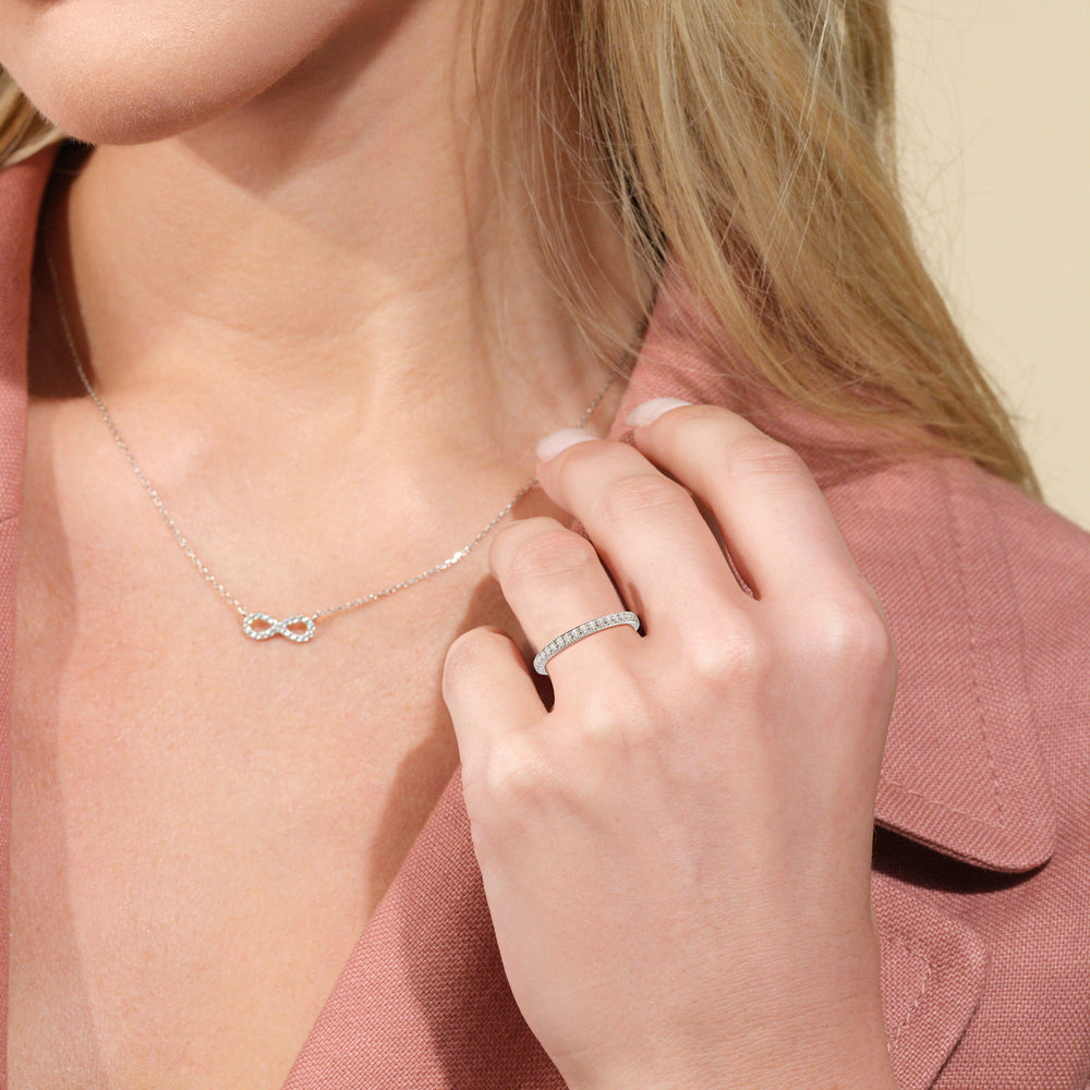 Model Wearing French Set Diamond Basket Wedding Band view