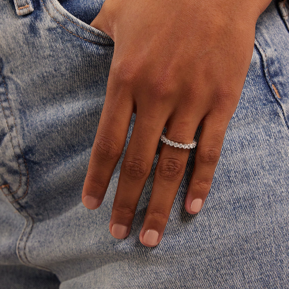 Model Wearing Heart Set Round Diamond Eternity Ring view