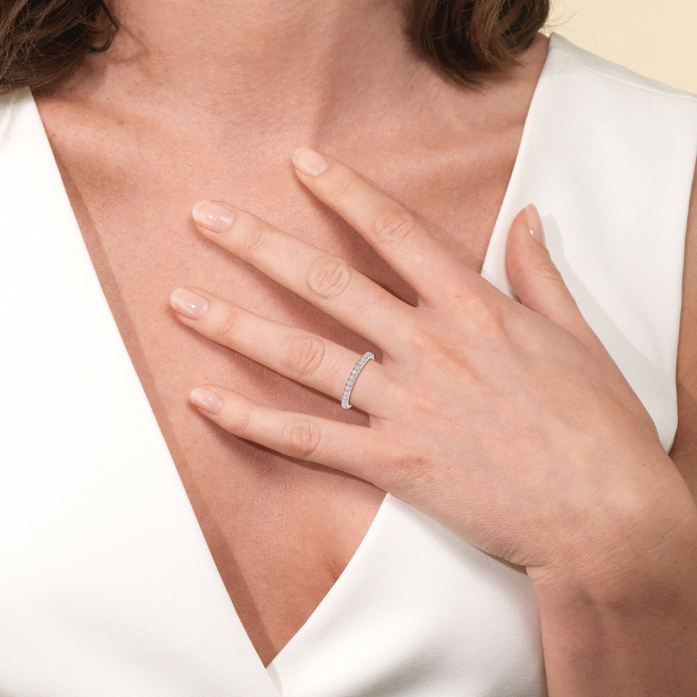 Model Wearing Pave Halo Diamond Wedding Band view