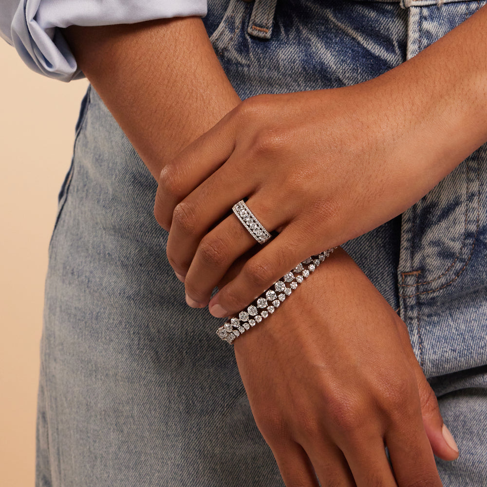 Model Wearing Luxe Pattern Round and Baguette Diamond Eternity Ring view