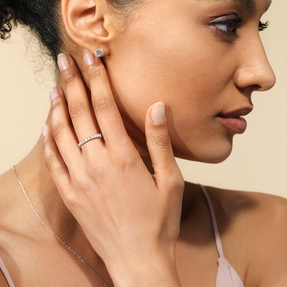 Model Wearing Petite Baguette Studded Diamond Wedding Band Size 5.25 view