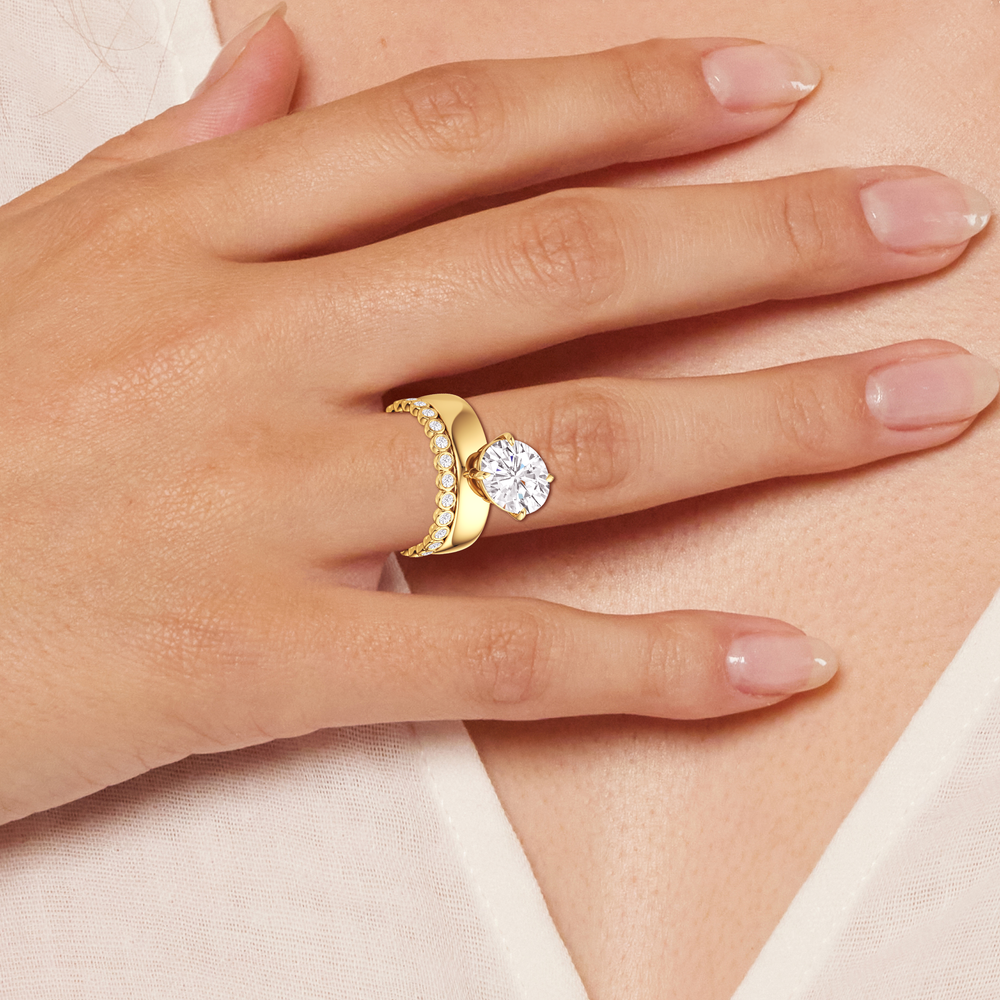 Model Wearing Luna Wide Diamond Wedding Band view