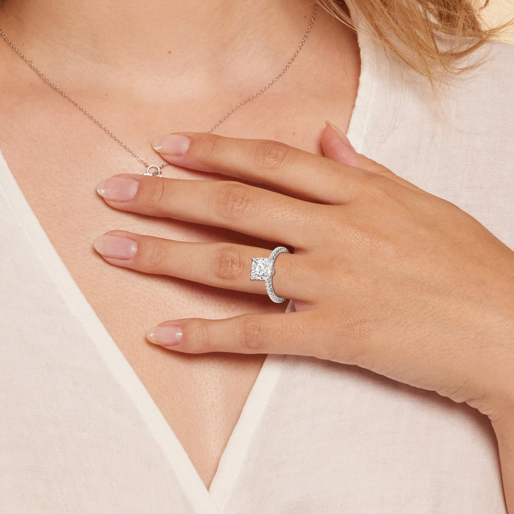 Model Wearing The W Icon Engagement Ring with Lab Grown Diamond view