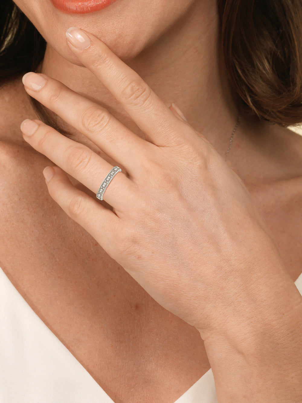 Model Wearing Vintage Hidden Halo Chevron Wedding Band view