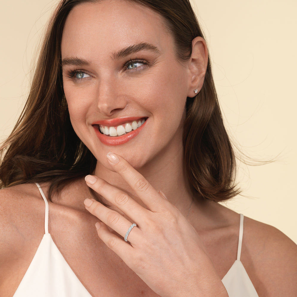 Model Wearing Twisted Rope Hidden Halo Solitaire Diamond Wedding Band view