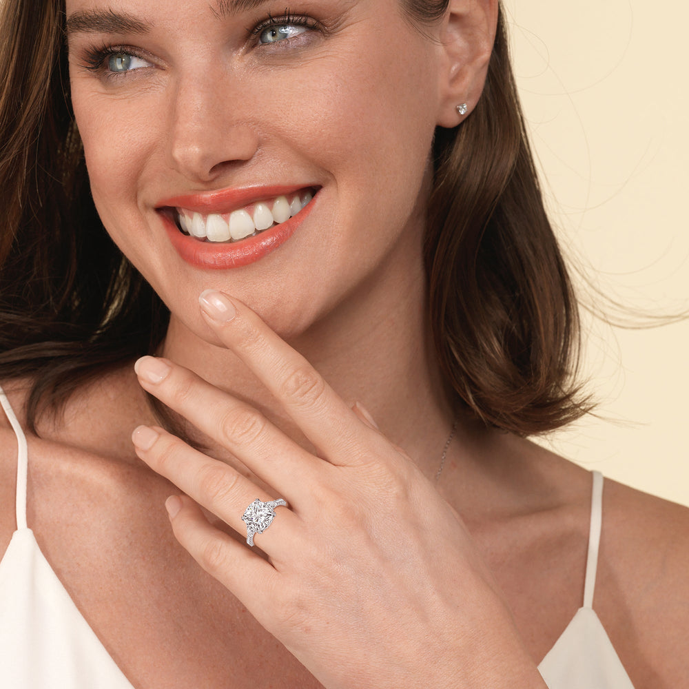Model Wearing 3.65ct Asscher Elegance Trillion Diamond Three Stone Engagement Ring view