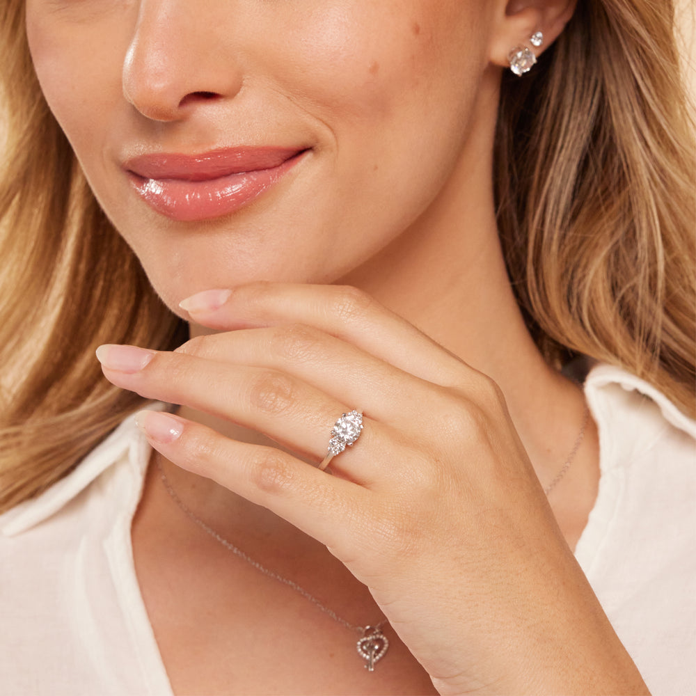 Model Wearing Tapering Side Diamond Accent Engagement Ring with Lab Grown Diamond view