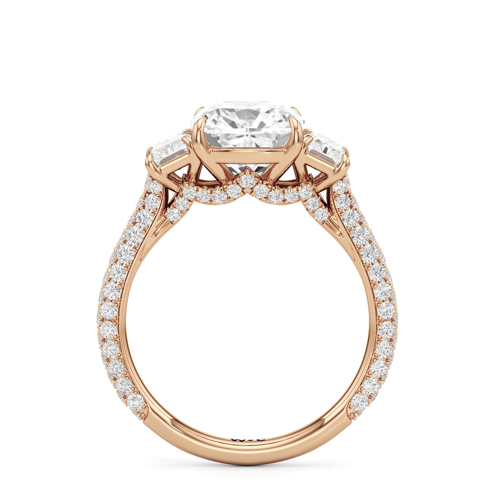 The Elise Three Stone Engagement Ring with Cushion Cut Diamond in 14KT Rose Gold view 2
