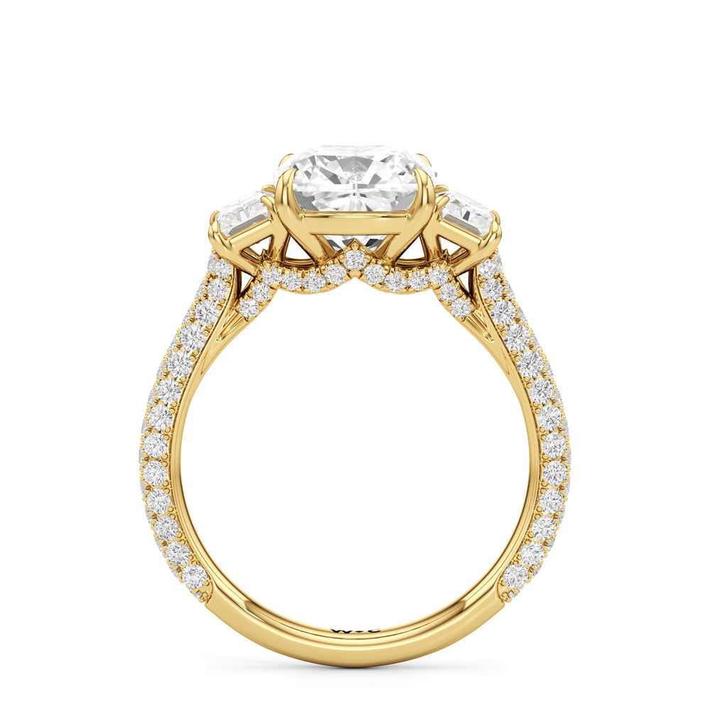 The Elise Three Stone Engagement Ring with Cushion Cut Diamond in 14KT Yellow Gold view 2
