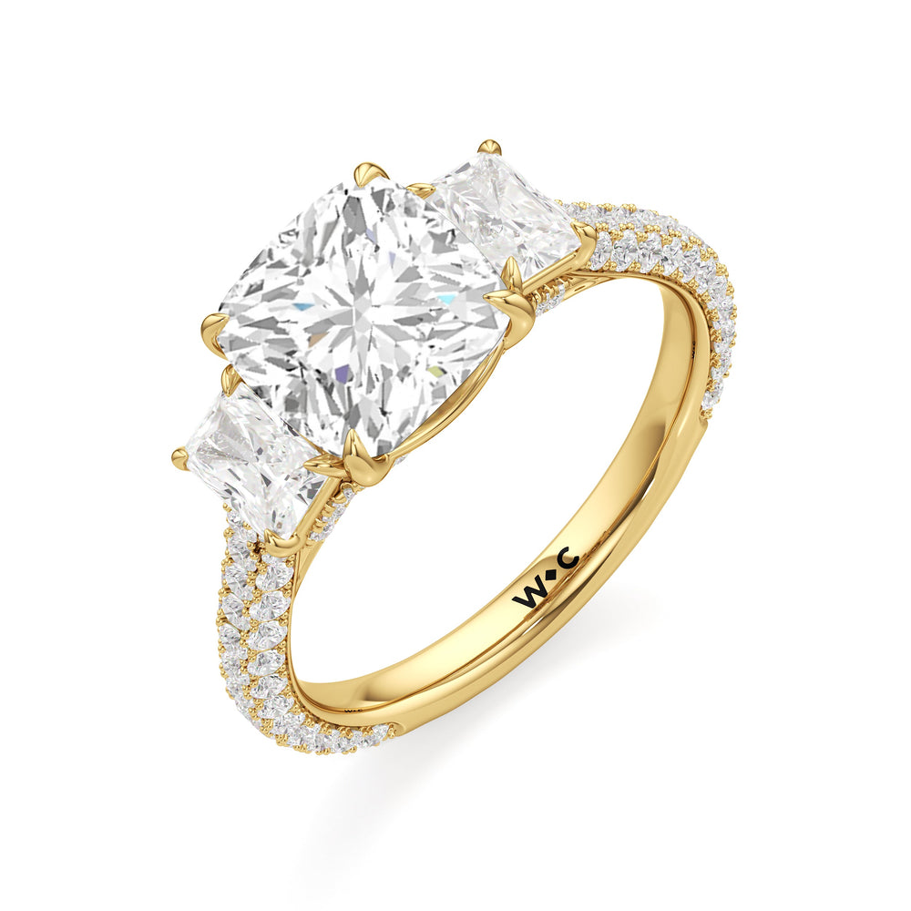 The Elise Three Stone Engagement Ring with Cushion Cut Diamond in 14KT Yellow Gold view 3

