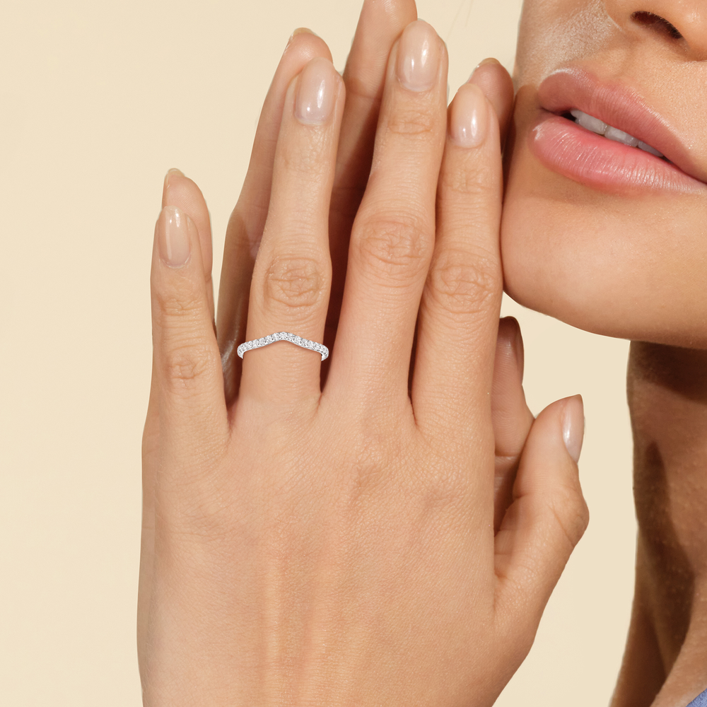 Model Wearing The Charlotte Three Stone Diamond Wedding Band Size 7 view