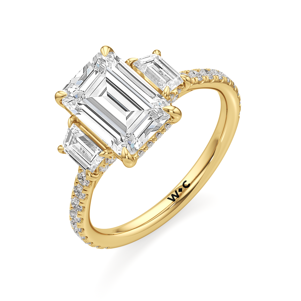 The Charlotte Three Stone Engagement Ring with Emerald Cut Diamond in 14KT Yellow Gold view 3
