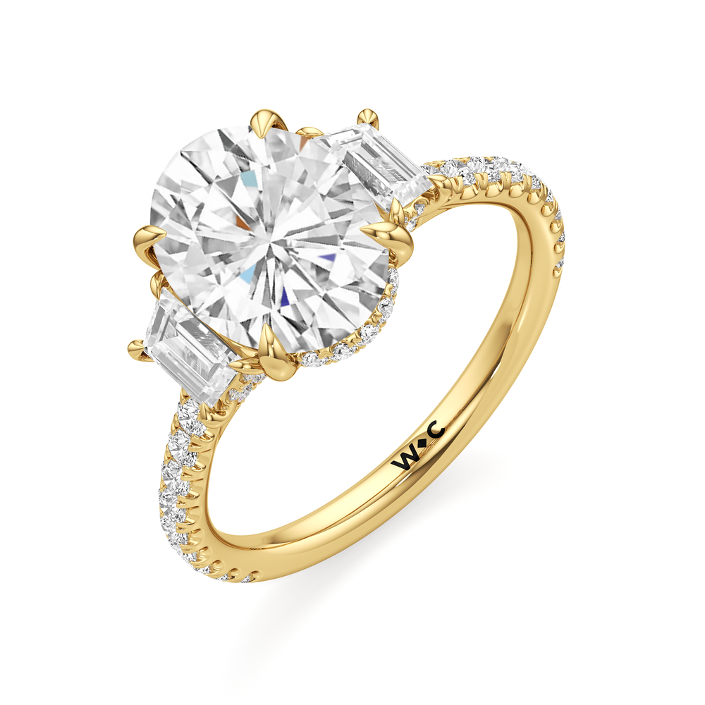 The Charlotte Three Stone Engagement Ring with Oval Cut Diamond in 14KT Yellow Gold view 3
