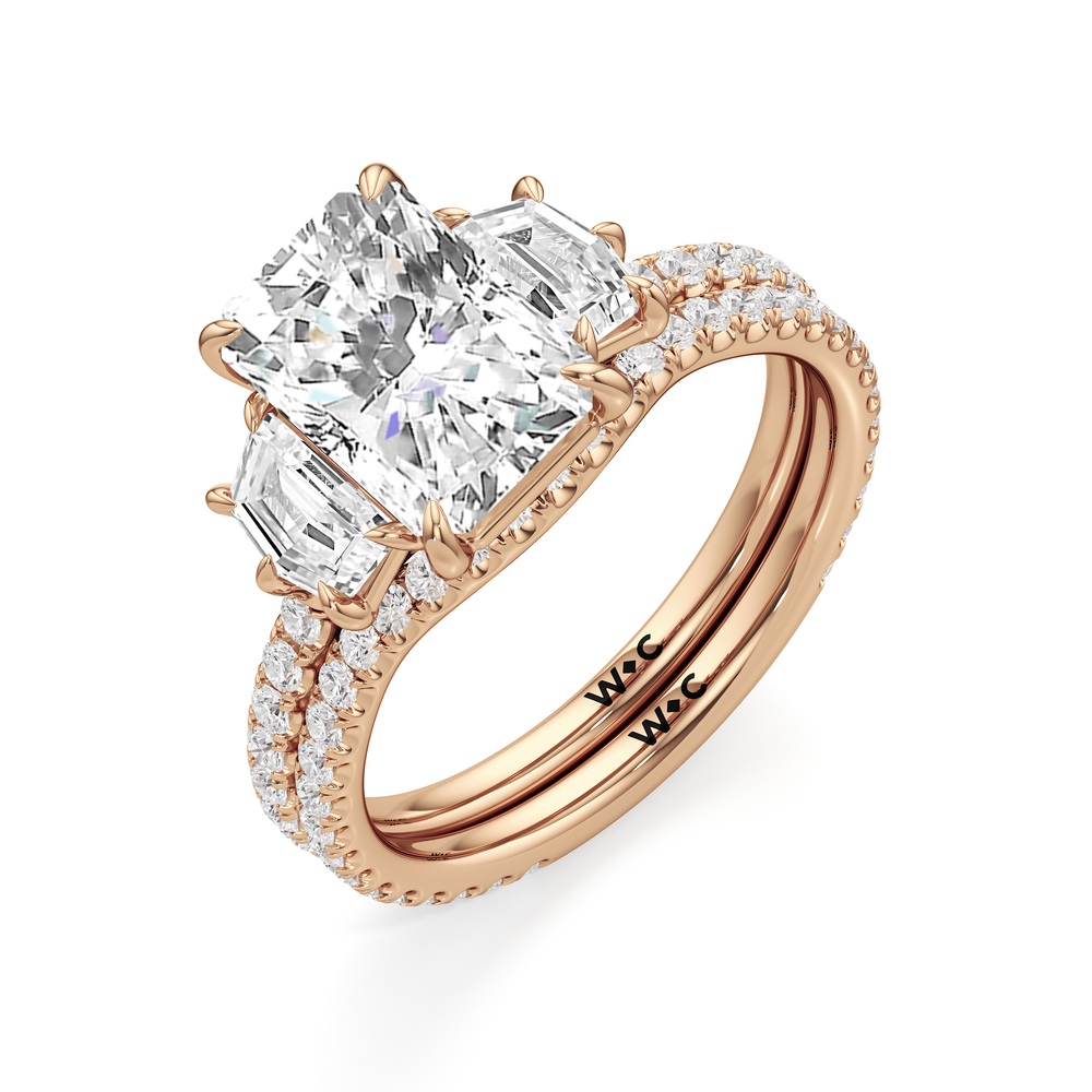 The Scarlett Three Stone Engagement Ring with Emerald Cut Diamond in 14KT Rose Gold view 4
