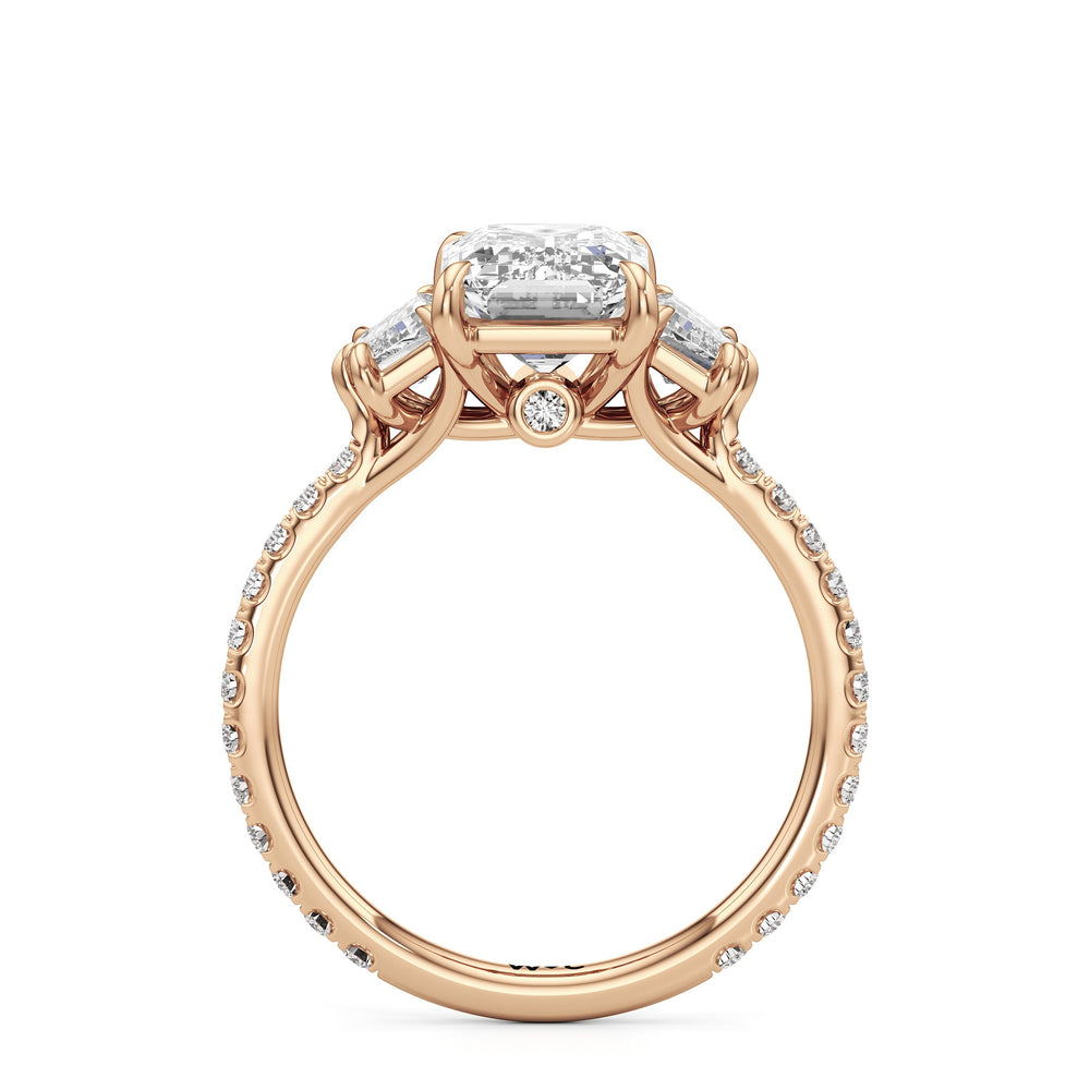 The Scarlett Three Stone Engagement Ring with Emerald Cut Diamond in 14KT Rose Gold view 2

