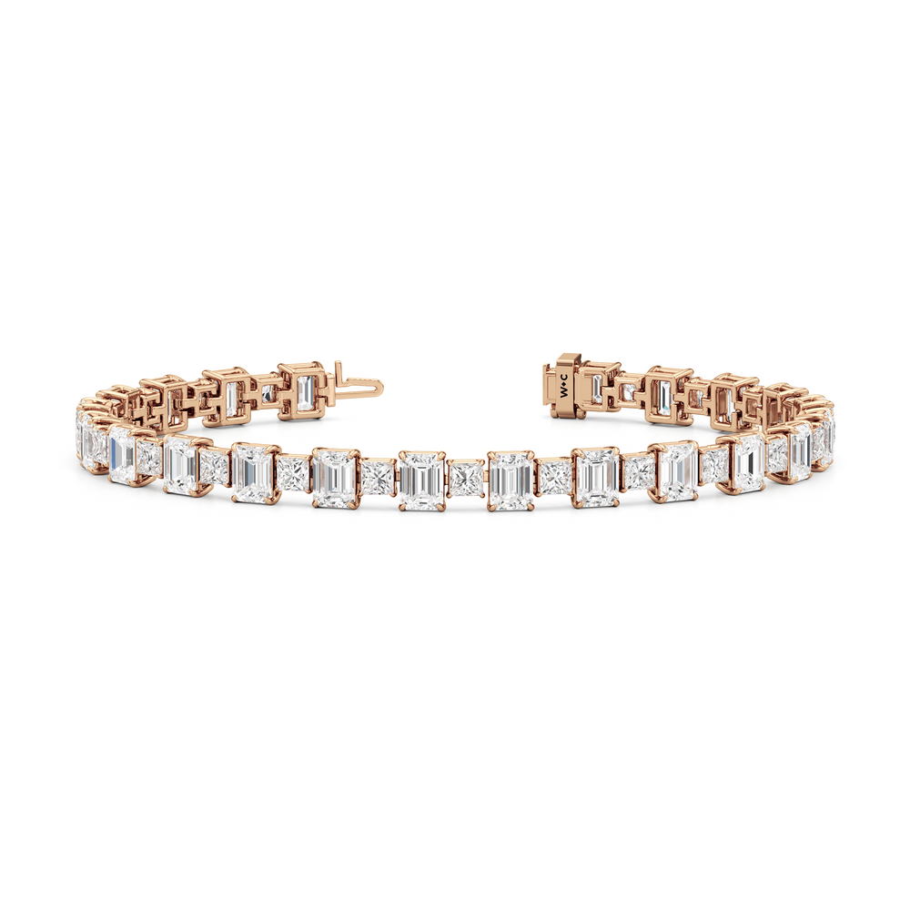 Alternating Emerald and Princess Tennis Bracelet with 16 Cut Diamond in 14KT Rose Gold view 2

