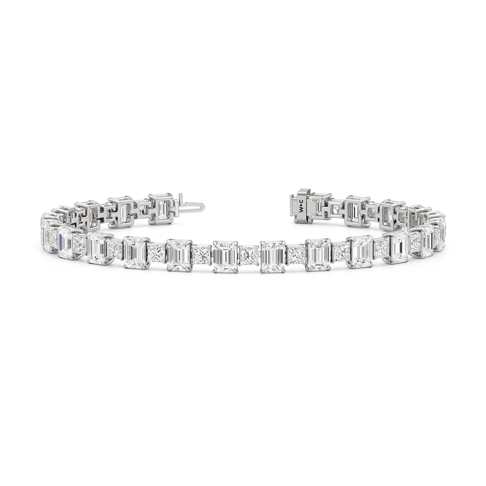 Alternating Emerald and Princess Tennis Bracelet with 16 Cut Diamond in 14KT White Gold view 2

