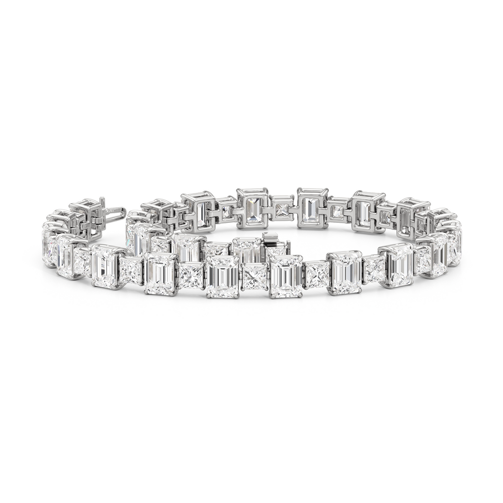 Alternating Emerald and Princess Tennis Bracelet with 16 Cut Diamond in 14KT White Gold view 3
