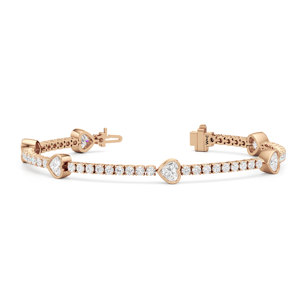 Bezeled Heart Station Tennis Bracelet with 6 Cut Diamond in 14KT Rose Gold view 2
