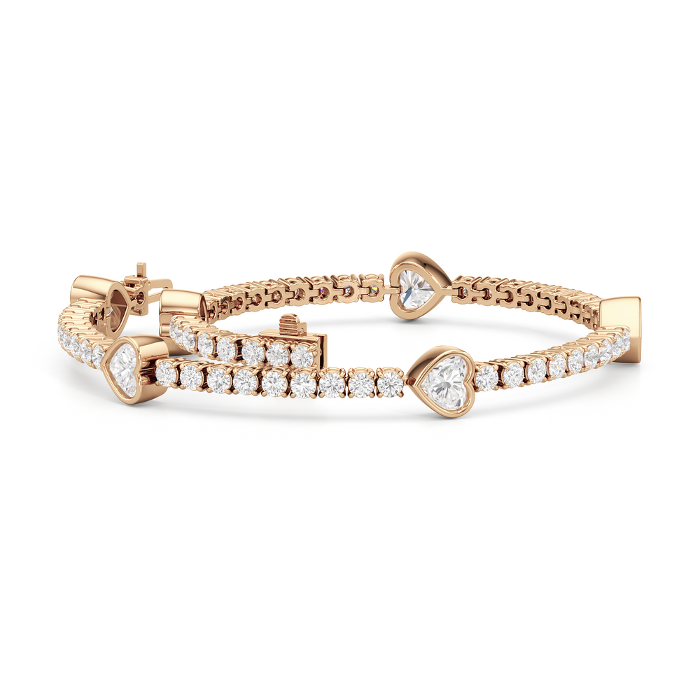 Bezeled Heart Station Tennis Bracelet with 6 Cut Diamond in 14KT Rose Gold view 3
