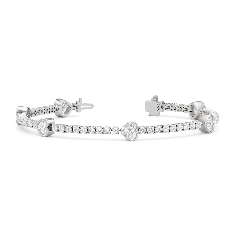 Bezeled Heart Station Tennis Bracelet with 6 Cut Diamond in 14KT White Gold view 2
