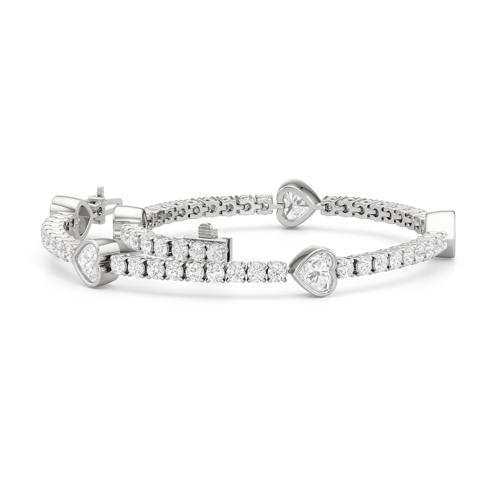 Bezeled Heart Station Tennis Bracelet with 6 Cut Diamond in 14KT White Gold view 3
