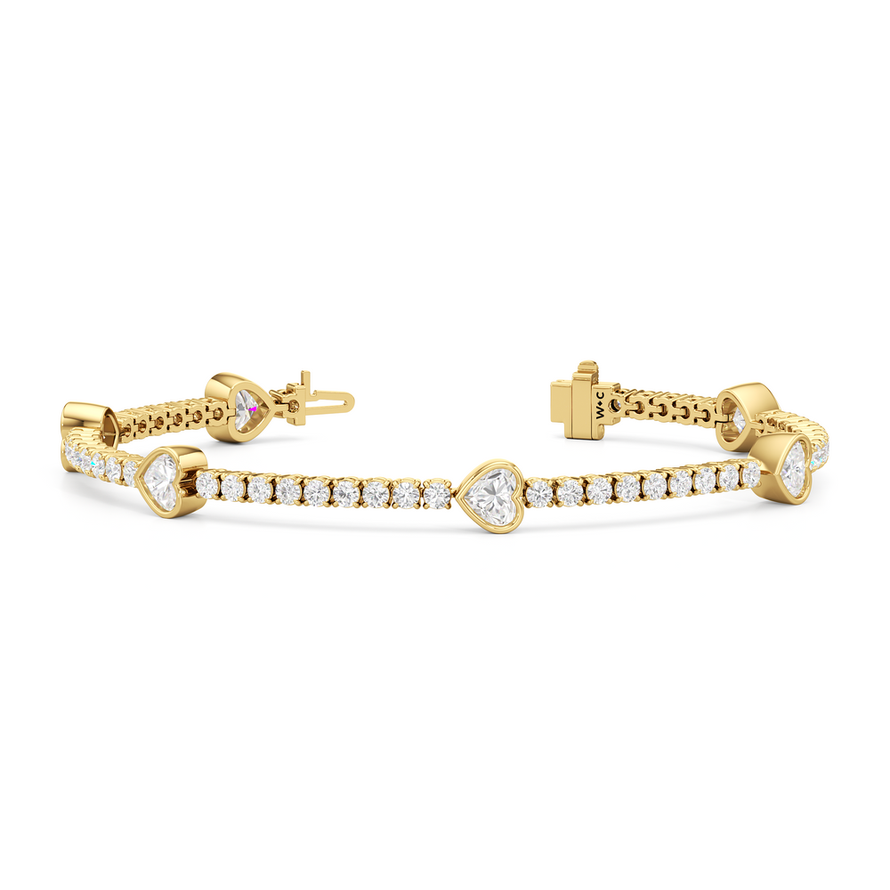 Bezeled Heart Station Tennis Bracelet with 6 Cut Diamond in 14KT Yellow Gold view 2
