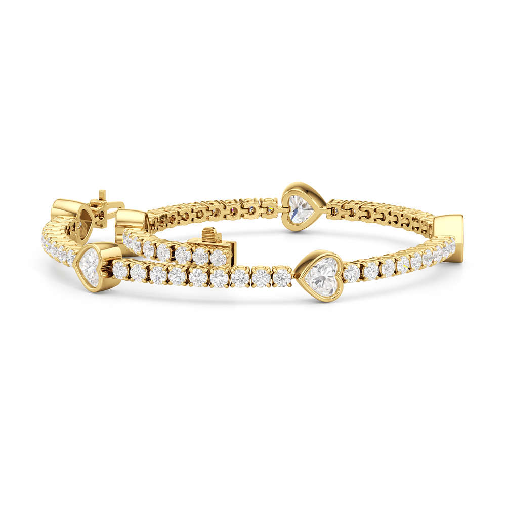 Bezeled Heart Station Tennis Bracelet with 6 Cut Diamond in 14KT Yellow Gold view 3

