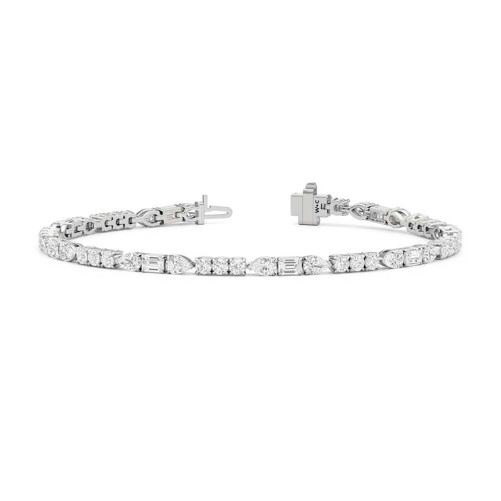 Pear, Emerald and Round Linear Tennis Bracelet with 6 Cut Diamond in 14KT White Gold view 2
