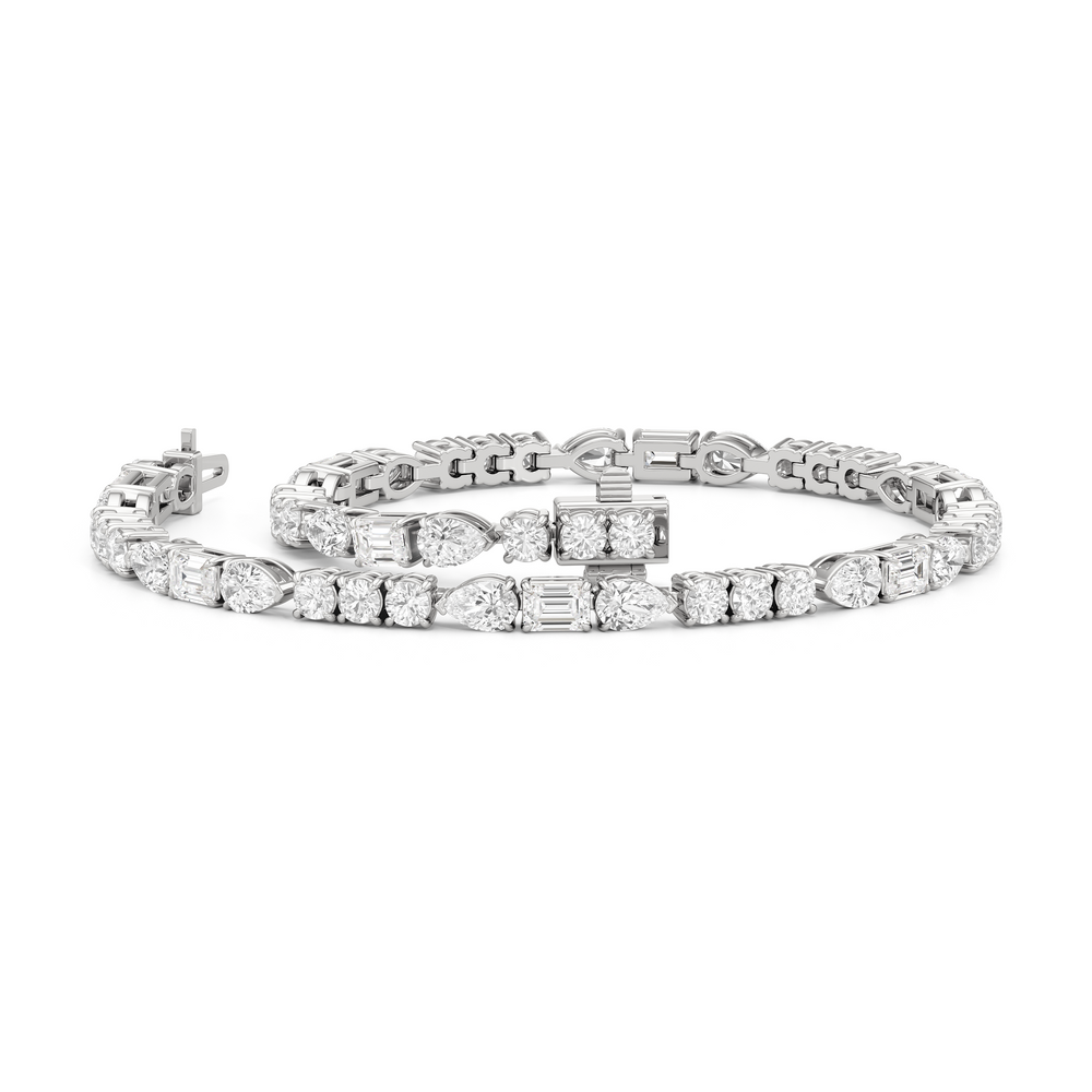 Pear, Emerald and Round Linear Tennis Bracelet with 6 Cut Diamond in 14KT White Gold view 3
