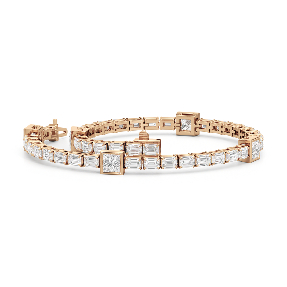 Bezeled Princess Station with Emeralds Tennis Bracelet with Lab Cut Diamond in 14KT Rose Gold view 3

