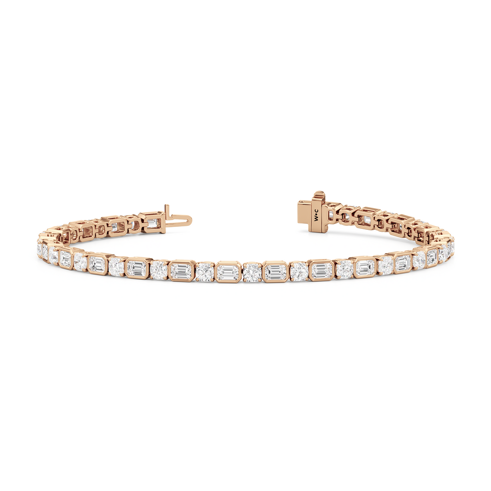 Bezel Emerald with Cushion Alternating Tennis Bracelet with Lab Cut Diamond in 14KT Rose Gold view 2
