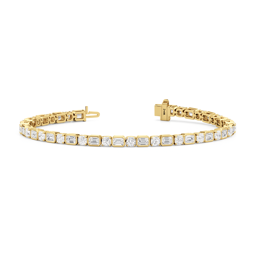 Bezel Emerald with Cushion Alternating Tennis Bracelet with Lab Cut Diamond in 14KT Yellow Gold view 2
